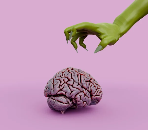 Zombie Wyciąga Rękę Złapać Zgniły Ludzki Mózg Minimalistycznym Różowym Tle — Zdjęcie stockowe