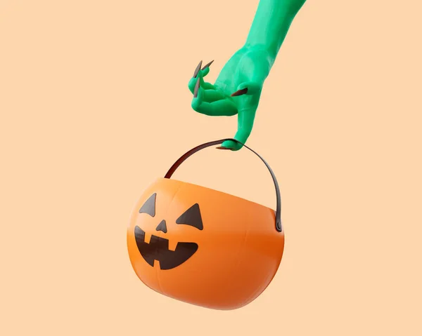 Zombie Hand Hålla Halloween Korg Med Pumpa Ansikte Orange Bakgrund — Stockfoto