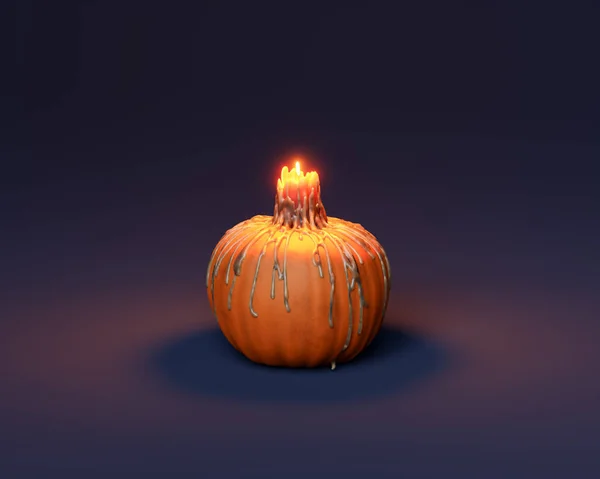 Minimalistic Scene Pumpkin Burning Candle Spilled Wax Dark Background Halloween — Stock Photo, Image