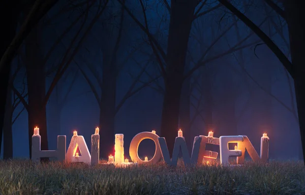 Espeluznante Signo Lápidas Con Palabra Halloween Bosque Siniestro Con Niebla —  Fotos de Stock