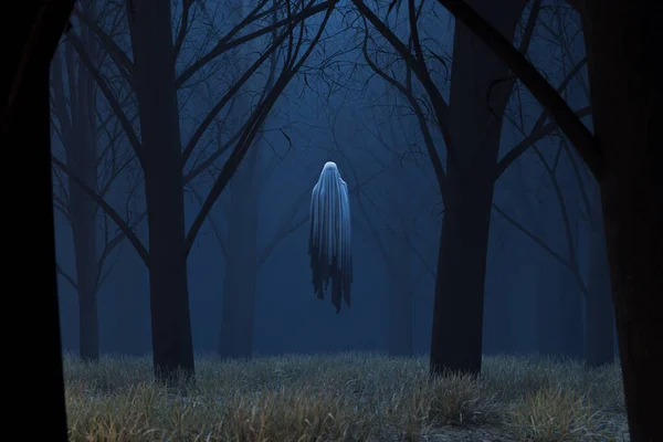 Жуткий Призрак Левитирует Над Тёмным Лесом Туманом Лунным Светом Хэллоуин — стоковое фото