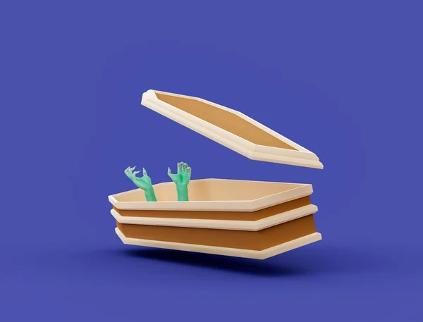 Caixão Aberto Com Mãos Zumbis Saindo Levitando Fundo Azul Minimalista — Fotografia de Stock