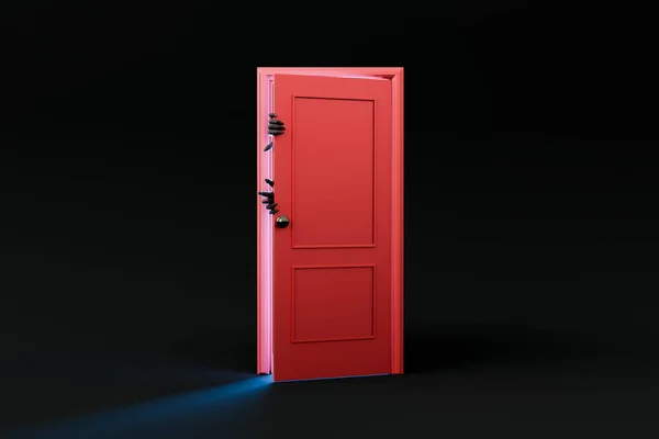 光と不気味な手で 孤独な赤いドア ハロウィン到着コンセプト 3Dレンダリング — ストック写真