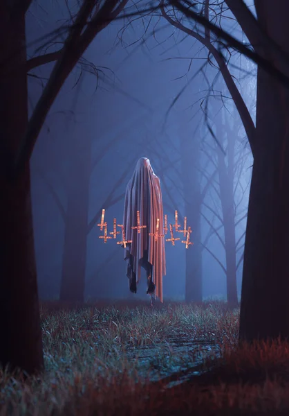 Fantasma Levitante Sopra Una Foresta Misteriosa Con Nebbia Croci Ardenti — Foto Stock