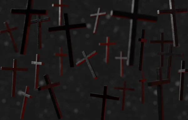 blurred and dark background of burnt crosses with red lighting. halloween background. 3d rendering