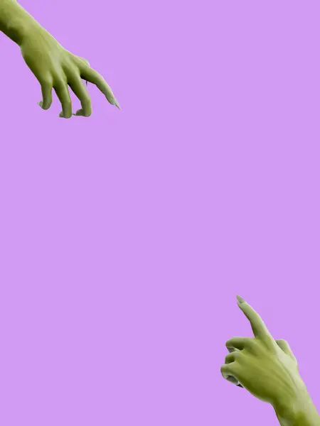 Руки Зомбі Вказують Центр Фіолетового Ізольованого Фону Копіювання Простору Хеллоуїн — стокове фото