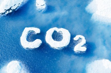 Kuzey Buz Denizi 'nin üzerinde eriyen buz dağlarıyla birlikte CO2 buzulu. İklim değişikliği ve küresel ısınma kavramı. 3d oluşturma