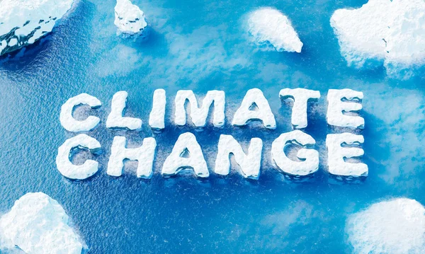 stock image CLIMATE CHANGE glacier sign over the arctic ocean with mountains of ice melting around it. concept of climate change and global warming. 3d rendering