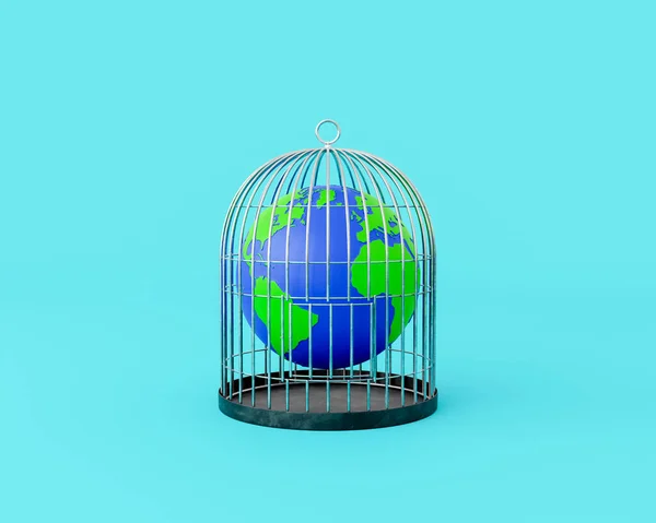 在一个孤立的蓝色背景的金属笼中封闭的行星地球 自由和人类主宰的概念 3D渲染 — 图库照片
