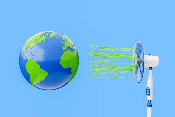 带着丝带的立扇在蓝色孤立的背景上冷却地球 全球变暖和气候变化的概念 3D渲染 — 图库照片