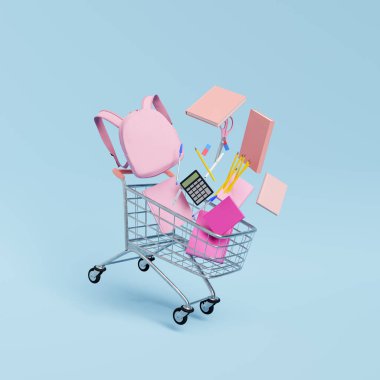 Hesap makineli pembe öğrenci sırt çantasının 3 boyutlu çizimi ve mavi arka planda bakkal arabasına düşen kalemli ve silgisiz not defterleri.