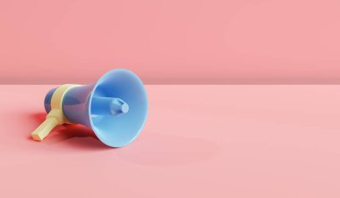Pembe arka plana yerleştirilmiş, beyaz plastik saplı, mavi plastik megafon.