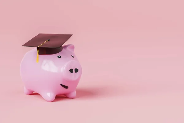 3d renderings of pink piggy bank with black graduate hat saving money for higher education against light pale red surface