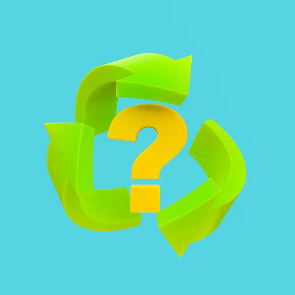 recycling symbol with a question mark in the center isolated on a blue background. doubts about recycling, climate change and sustainable resources. 3d rendering