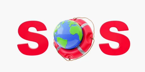 红色标志 上面写着Sos和白色背景的救生圈上的地球 帮助地球 污染和环境行动的概念 3D渲染 — 图库照片