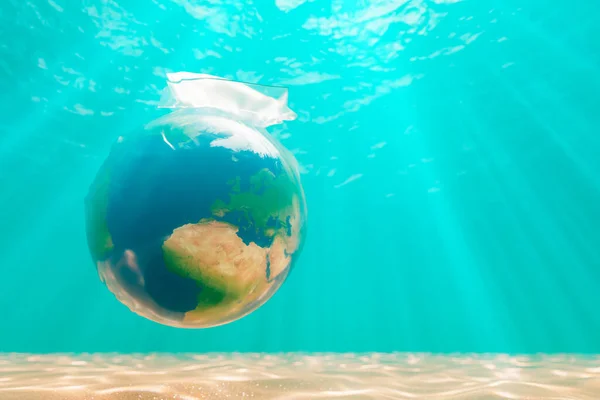 planet earth inside a plastic bag at the bottom of the sea with copy space. concept of pollution, suffocation and conservation of the environment. 3d rendering