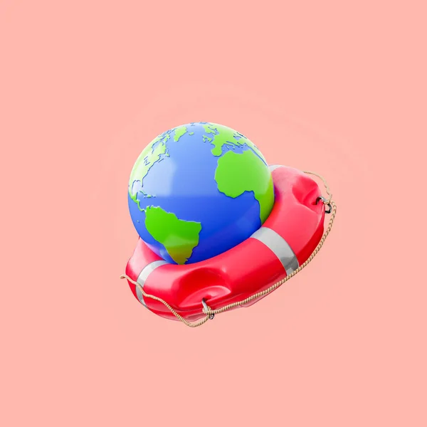 在红色背景上隔离的救生圈上的行星地球 气候变化 可持续资源和污染的概念 3D渲染 — 图库照片