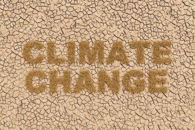 Kuraklıkla çatlamış bir zeminde kuru otlarla yazılmış değişiklikleri iklim değişikliğine uğratan kelimeler. Üst Manzara. İklim değişikliği, tarım ve çevrecilik kavramı. 3d oluşturma