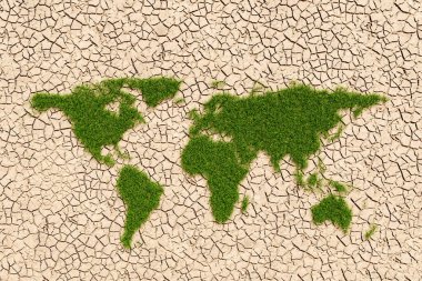 Kuraklıkla çatlamış bir arazide yeşil çimenlerin oluşturduğu bir dünya haritasının üst görüntüsü. İklim değişikliği, çevrecilik ve küresel ısınma kavramı. 3d oluşturma