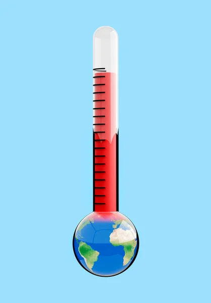 有行星地球和红色末端隔离在蓝色背景的温度计 全球变暖的概念 3D渲染 — 图库照片