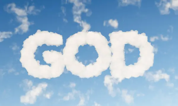 word GOD written with clouds over a sky. religious and spiritual concept about God. 3d rendering