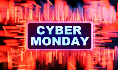 Soyut CYBER Pazartesi tabelası bir mikroçip üzerinde sıcak renklerle çevrili, parlak ve bulanık çizgiler. Mevsimlik teklifler ve teknoloji kavramı. 3d oluşturma