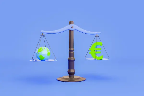 balanced scales with the planet earth on one side and the euro symbol on the other. concept of economic and environmental balance. 3d rendering