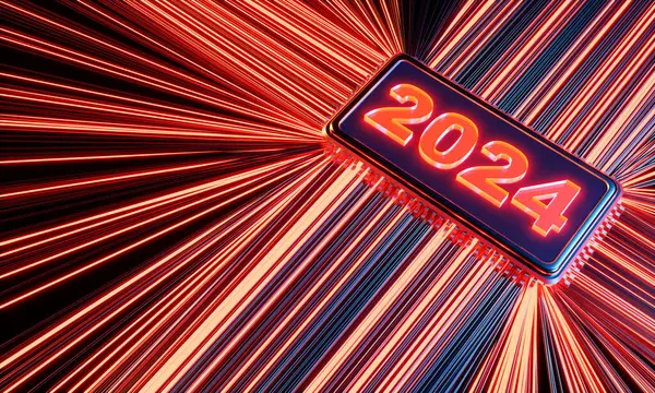 Abstract Futuristic Sign 2024 Microchip Luminous Lines Coming Out Warm — Stock Photo, Image