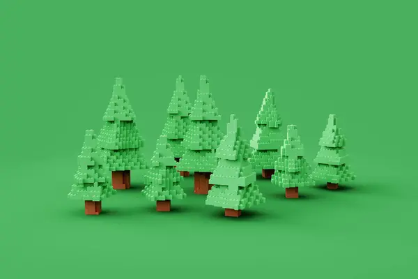 孤立した緑色の背景に玩具ブロックで作られた松の小動物のシーン 山と冬と自然のコンセプト 3Dレンダリング — ストック写真