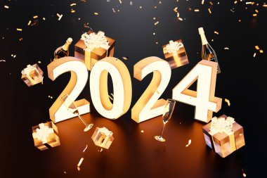 2024 numara sıcak ışık, hediyeler ve konfetilerle aydınlandı. Yeni yıl, kutlama ve şenlik. 3d oluşturma