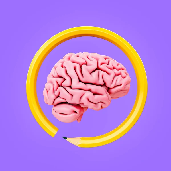 Różowy Mózg Żółtym Ołówkiem Tworzącym Okrąg Odizolowanym Fioletowym Tle Koncepcja — Zdjęcie stockowe