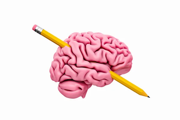 Różowy Mózg Żółtym Ołówkiem Skrzyżowany Białym Odizolowanym Tle Koncepcja Inteligencji — Zdjęcie stockowe