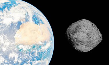 Close-up of the asteroid Bennu approaching Earth through empty space. Possible collision in the year 2182. Elements provided by NASA. 3d rendering clipart