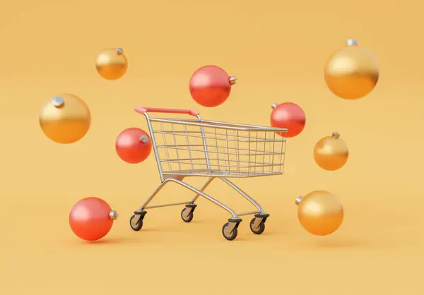 隔離されたオレンジ色の背景に浮かぶクリスマスの球が付いているショッピング カート クリスマスショッピング 3Dレンダリング — ストック写真