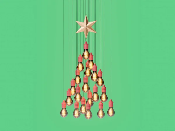 Illuminated Light Bulbs Hanging Shape Christmas Tree Golden Star Top — Stock Photo, Image