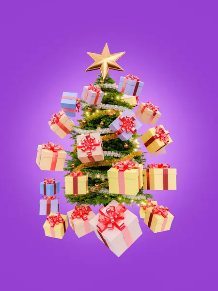 Árvore Natal Com Muitos Presentes Flutuando Torno Fundo Isolado Roxo — Fotografia de Stock