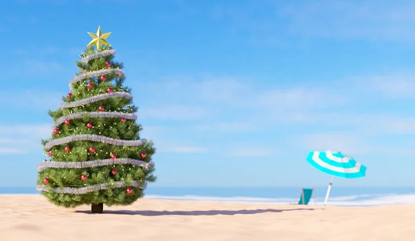 圣诞树在轻柔的沙滩上 背对着一把雨伞和一把椅子 夏天的热和圣诞节的概念 3D渲染 — 图库照片