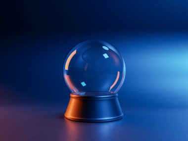 Neon ışıklı boş bir Noel küresi ve eğimli koyu bir arka planı var. 3d oluşturma