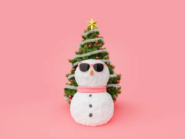 Снеговик Солнечных Очках Перед Украшенной Елкой Изолированном Красном Фоне Рендеринг — стоковое фото