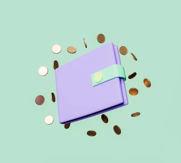 Pastellfarbenes Portemonnaie Mit Herumschwebenden Münzen Konzept Von Ökonomie Ersparnissen Und — Stockfoto