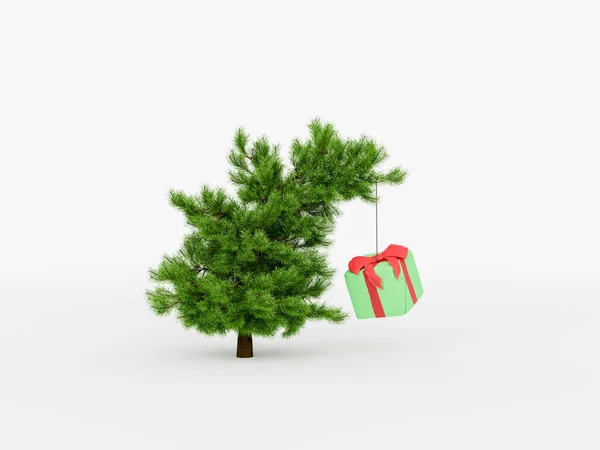 圣诞树被一个巨大的礼物的重量压弯在一个孤立的白色背景上 圣诞购物 礼物和装饰品的概念 3D渲染 — 图库照片