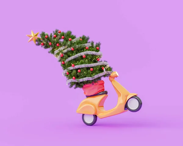 보라색 스튜디오 배경에 속도로 오토바이에 크리스마스 트리를 렌더링 — 스톡 사진