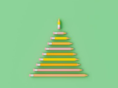 Yeşil arka planda pastel renkli kalemlerle yapılmış yaratıcı bir Noel ağacı. Minimalist kavram. 3d oluşturma