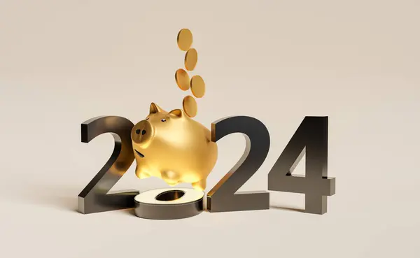Ευτυχισμένο Νέο Έτος 2024 Ένα Χρυσό Κουμπαρά Και Κέρματα Που Εικόνα Αρχείου
