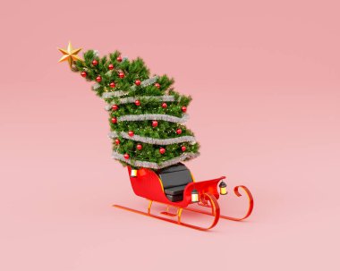 Kırmızı stüdyo arka planında Noel Baba kızağında Noel ağacı. 3d oluşturma