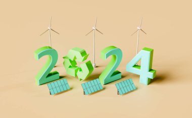 Geri dönüşüm sembolü ve yenilenebilir enerji jeneratörleriyle yeni yıl 2024 imzası. 3d oluşturma