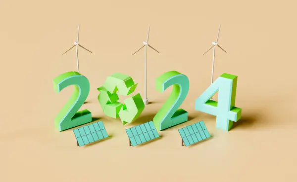 Νέο Έτος 2024 Υπογράψει Σύμβολο Ανακύκλωσης Και Τις Γεννήτριες Ανανεώσιμων Εικόνα Αρχείου