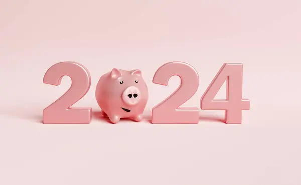 Ano Novo 2024 Assinar Com Mealheiro Meio Fundo Estúdio Rosa Imagem De Stock