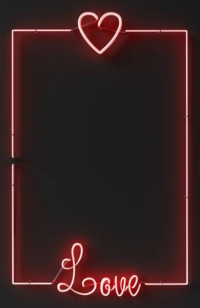 red neon frame with the word LOVE and a heart above it on a dark background and space for text. 3d rendering