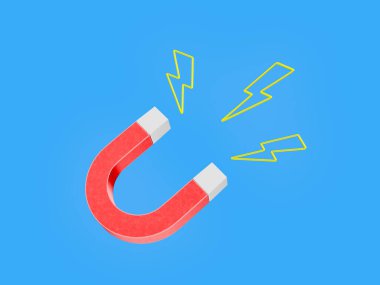 Mavi izole edilmiş arka planda sarı yıldırım sembolleri olan kırmızı mıknatıs. 3d oluşturma